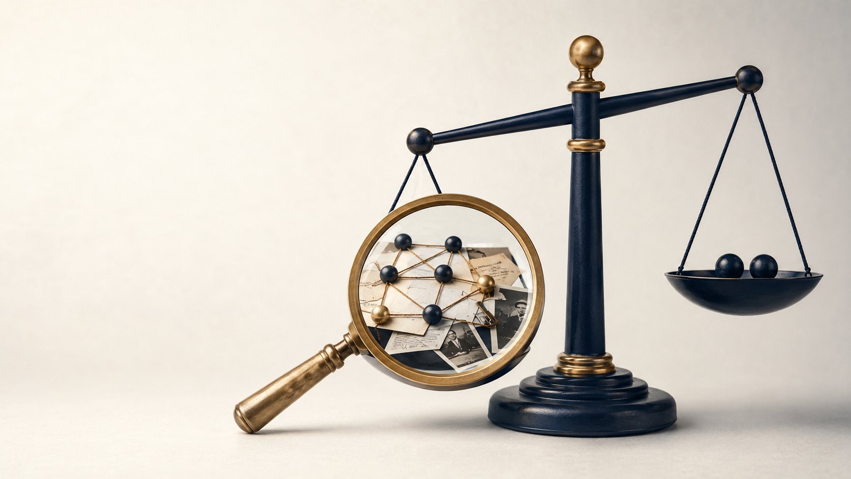 Navy and gold scales of justice with a magnifying glass examining connected evidence