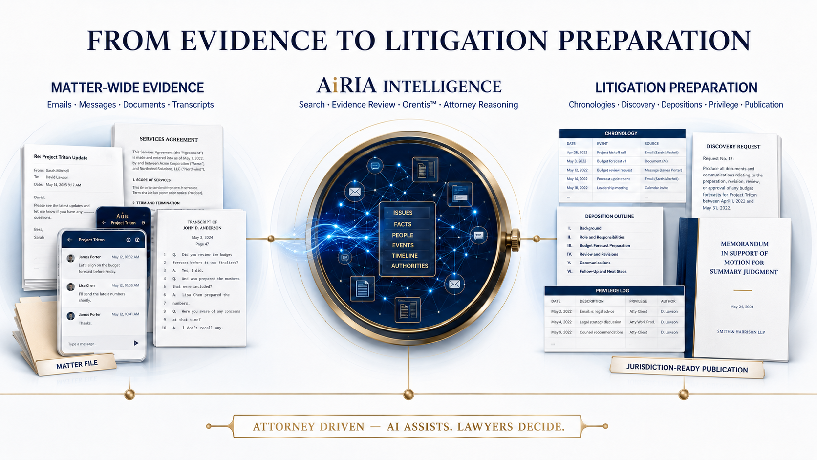AiRIA workflow diagram showing matter-wide evidence flowing through AiRIA intelligence into attorney-directed litigation preparation.